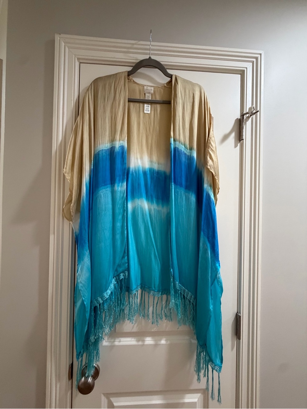 Chico's Beige, Blue & Turquoise Ombre Fringe Kimono Cape